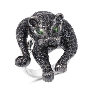 MARIGOLD INTERNATIONAL 925 Sterling Silver Black Panther Statement Ring with Black Spinel & Green Eyes | Designer Animal Cocktail Ring for Women | Luxury Party & Gift Jewelry dignis