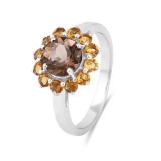 MARIGOLD INTERNATIONAL 925 Sterling Silver Smoky Quartz & Citrine Halo Ring for Women | Round-Cut Gemstone Floral Statement Ring | Elegant Party, Wedding & Gift Jewelry dignis